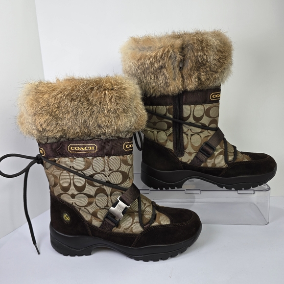 COACH Signature Women’s Sahara Monogram Canvas Suede Fur Vibram Snow Boots Sz 9 - Picture 6 of 14